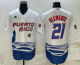 Mens Puerto Rico Baseball #21 Roberto Clemente 2023 White World Baseball Classic Stitched Jersey